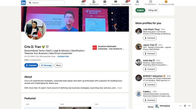 A LinkedIn profile page for Cris D. Tran, a 3rd+ connection based in Ho Chi Minh City, showing his role as Decentralized Tech | EduFi | Legal & Advisory | Gamification at Tokenize Your Business | Data Driven Investment and noting his education at Southern Methodist University - Cox School of, with over 500+ connections. The profile's "About" section describes him as an "experienced strategist, corporate team player and start-up enthusiast" with focus on Web3 businesses, aligning with the post highlighting his leadership roles at The Sandbox, Open Campus, and MoneyFi.