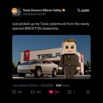 The image is a tweet from "Tesla Owners Silicon Valley" (@teslaownersSV) reading "Just picked up my Tesla cybertruck from the newly opened BRICKTON dealership," showing a Cybertruck outside a Tesla showroom next to a Brick figure avatar, with 20K views and 241 likes—directly illustrating the viral moment that drove momentum for the $BRICK token.