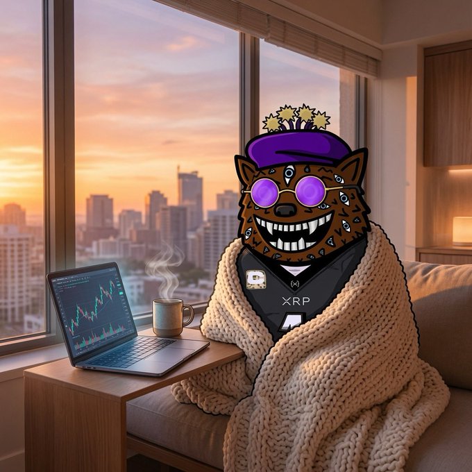 A cartoon XRP-branded character wearing purple sunglasses and a knit blanket sits beside a laptop showing a trading chart and a steaming mug, gazing out at a city skyline at sunrise. The cozy, contemplative scene reinforces the post's Sunday morning reflection on patience and trust within the XRP community.