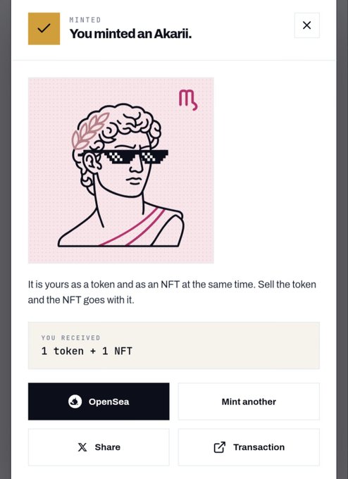 A Minted confirmation screen displays 'You minted an Akari,' featuring an NFT of a classical bust wearing pixelated sunglasses, with options to view on OpenSea, mint another, share, or see transaction.