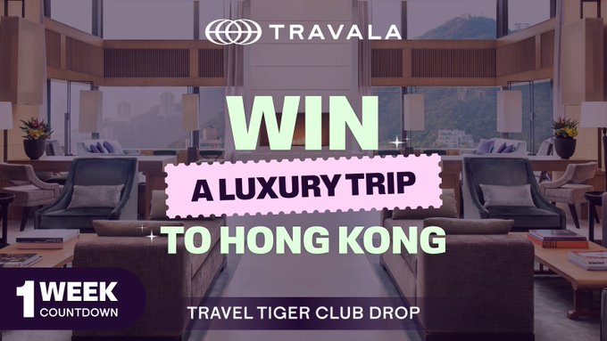 The promotional image features the Travala logo at the top and bold text announcing "WIN A LUXURY TRIP TO HONG KONG" overlaid on a stylish modern lounge interior, with a "1 WEEK COUNTDOWN" badge and "TRAVEL TIGER CLUB DROP" text at the bottom, visually highlighting the luxury Hong Kong giveaway mentioned in the post.