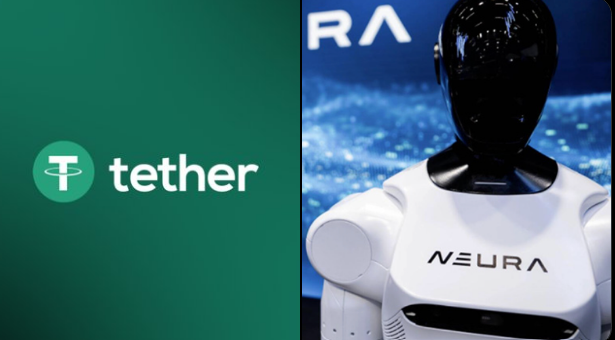 The image features a robot with a black head, standing next to a green background that says "Tether". The robot has a white body and appears to be wearing a headset. In front of the robot, there's a banner displaying the text "Neura Robotics Germanys premier humanoid robotics startup Tether just led an absolutely MASSIVE Series C funding round for Neura Robotics Germanys premier humanoid robotics startup Tether." This suggests that the image is related to a post about the latest developments in the robotics industry.