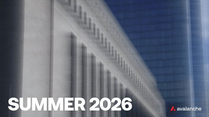 An architectural photograph of a building facade with columns, labeled 'SUMMER 2026' and featuring the Avalanche (avax) logo in the bottom right corner.