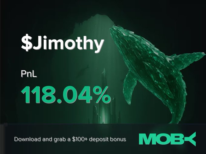 A promotional graphic for Moby Mobile features a green whale breaching through dark water, highlighting trader $Jimothy's impressive +118.04% PnL win, with text encouraging users to "Download and grab a $100+ deposit bonus" alongside the MOBX logo. The image visually celebrates the trader's success on the platform, aligning with the post's announcement of the closed position.