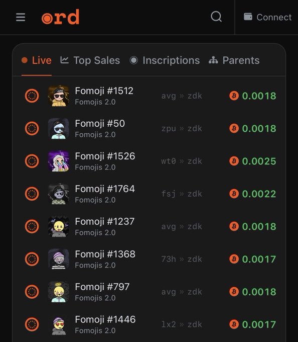 A mobile screenshot of the Ordinals marketplace showing a 'Live' feed of Fomojis 2.0 listings with prices ranging from 0.0017 to 0.0025 BTC.