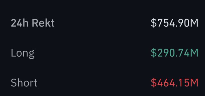 A dark screen displaying crypto liquidation data: '24h Rekt $754.90M' with 'Long $290.74M' in green and 'Short $464.15M' in red.