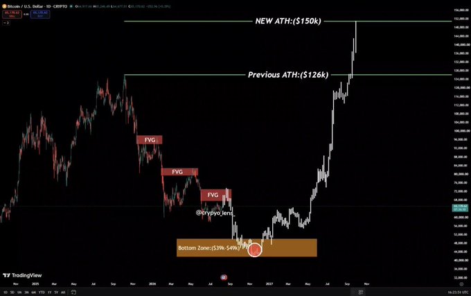 A TradingView chart of Bitcoin/USD on Coinbase shows BTC forming a "Bottom Zone" between -53% and -64% drawdown near late 2025, with annotated Fair Value Gaps (FVG) below the previous all-time high of $126k and a projected new all-time high of $150k—visually framing the consolidation period as the "calm before the storm" ahead of a major bullish breakout.
