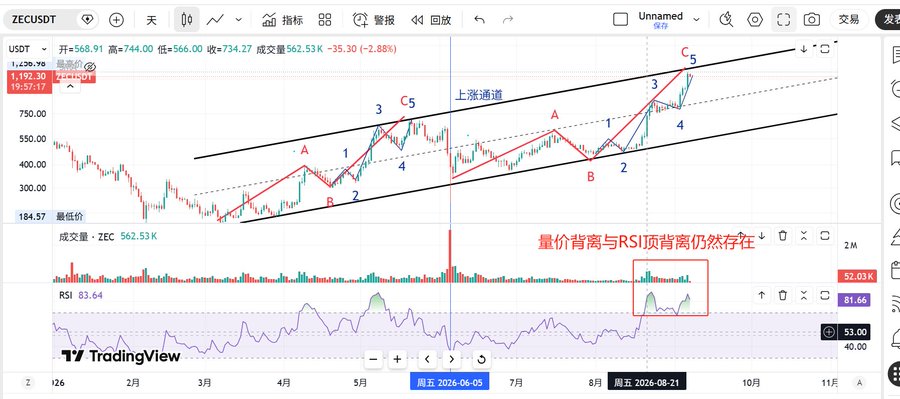 A TradingView chart of ZECUSDT showing Zcash price action between $184.57 and $1,239.95, with Elliott Wave analysis labeling waves C5 within an ascending channel (上涨通道), marking the current fifth sub-wave of the C wave reaching ~$1,257, with annotations highlighting volume divergence and RSI bearish divergence (RSI at 83.64) in the indicator below.
