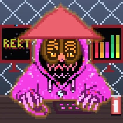 A pixel art character with a wide, toothy grin wears a conical red hat and pink robe while typing on a keyboard, displayed on monitors showing "REKT" and a colorful bar chart.