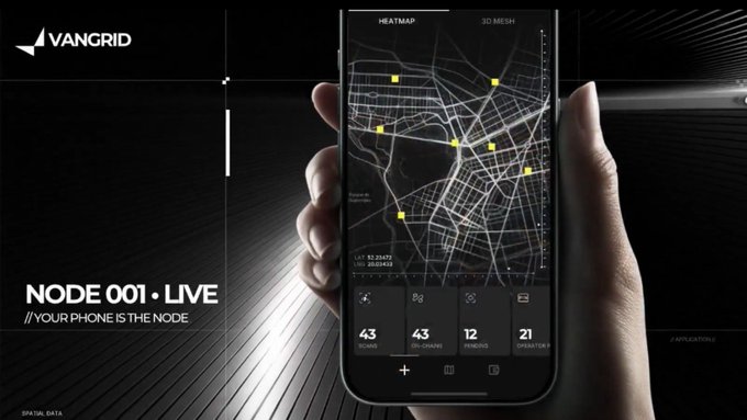 A hand holding a smartphone displaying a 'VANGRID' app interface with a heatmap, 3D mesh, and data points, branded 'NODE 001 - LIVE' with the tagline 'YOUR PHONE IS THE NODE'.
