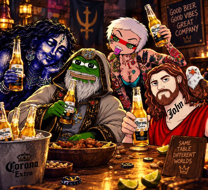 A vibrant Corona Extra beer advertisement featuring Kermit the Frog, a blue-skinned deity figure, a tattooed woman holding a bottle, and Jesus holding a beer, with text reading 'GOOD BEER GOOD VIBES GREAT COMPANY' and 'SAME TABLE DIFFERENT WORLDS'.