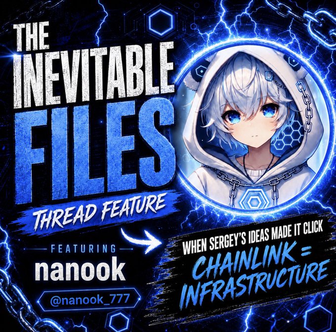 The image features a graphic of a person wearing a white hoodie with blue text that says "The Inevitable Files". The background of the image is black, but there are blue circles scattered throughout the scene. There's also a banner at the bottom of the image that reads "When Sergey's ideas made it click. Chainlink - infrastructure", which suggests that the post is related to blockchain technology and its potential applications in various industries.