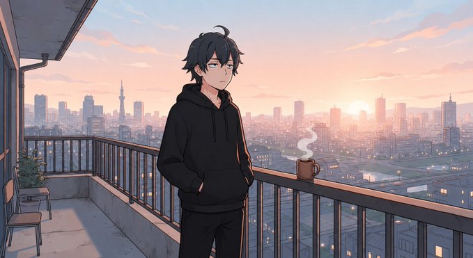 A young anime-style man in a black hoodie stands on a balcony at sunrise, holding a steaming mug of coffee while overlooking a sprawling city skyline.

The image pairs with the post by capturing a quiet, contemplative morning moment—steam from the coffee mirroring the "new day, fresh start" energy, while his focused gaze toward the city reflects the mindset of a trader preparing to seize the day's market opportunities.