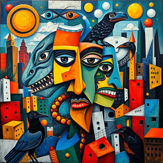 A vibrant, Picasso-inspired cubist painting features fragmented faces with multiple eyes, a dinosaur, black crows, and geometric city buildings rendered in bold orange, blue, red, and yellow tones.