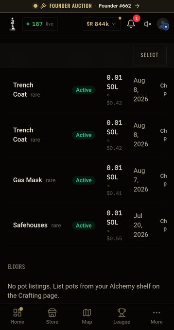 A mobile app screen displaying a Founder Auction (#662) with active listings for Trench Coat, Trench Coat, Gas Mask, and Safehouses items priced at 0.01 SOL, noting 'No pot listings. List pots from your Alchemy shelf on the Crafting page.'
