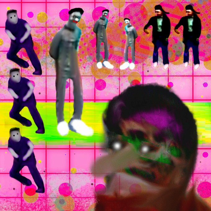 A vibrant, psychedelic digital collage featuring a distorted face with glowing white eyes and a pink/magenta tint, surrounded by repeating dancing figures on a pink grid background with colorful splatters.