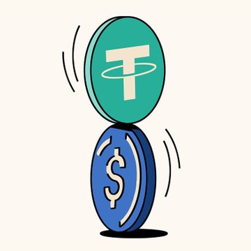 A cartoon illustration of a Tether (USDT) coin stacked on top of a US Dollar coin, both vibrating with motion lines.
