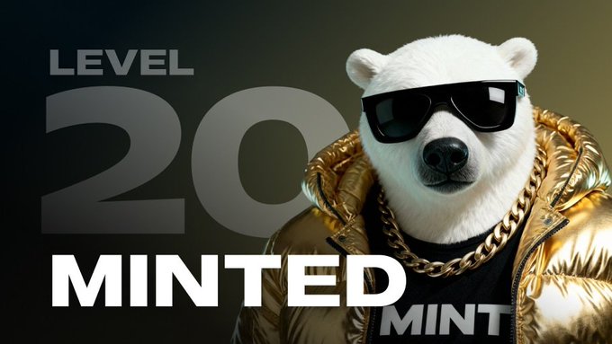 An AI-generated image of a polar bear wearing sunglasses and a gold puffer jacket with a chain, next to text reading 'LEVEL 20 MINTED'.