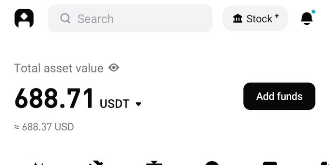 A digital wallet interface displaying a total asset value of 688.71 USDT, approximately 688.37 USD.