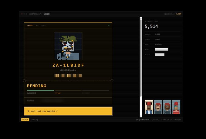 A screenshot of the ZADDR website's "status" page displays the text "ZA-1L8IDF" beneath a pixelated avatar, along with the supply "2,800" and applications count "5,514," confirming the user's successful whitelist submission for the Zcash-based project.