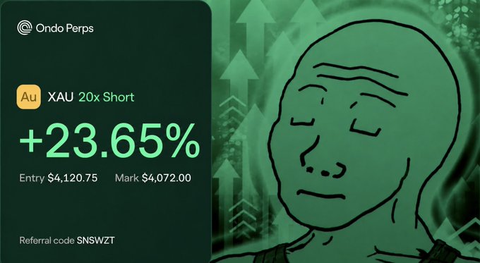 A trading interface from 'Ondo Perps' displays a +23.65% gain on a 20x short position for 'XAU' (Gold), using the Wojak meme character and referral code 'SNSWZT'.