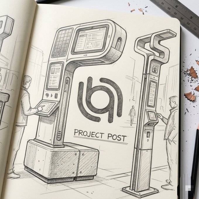 A pencil sketch in a sketchbook labeled 'Project Post,' depicting futuristic self-service kiosk machines alongside people, with a ruler visible on the page.
