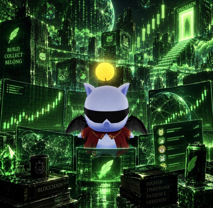 A digital artwork shows a cat character wearing sunglasses and a red jacket in a green Matrix-style digital environment with charts, code, and text reading 'BUILD COLLECT BELONG' and 'BLOCKCHAIN'.