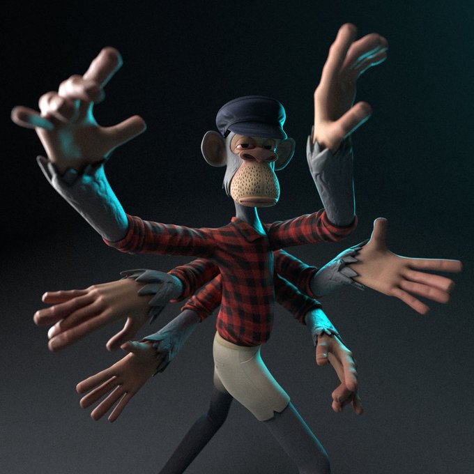 A 3D-rendered cartoon monkey character wearing a red plaid shirt and cap has multiple arms outstretched in various poses against a dark teal background.