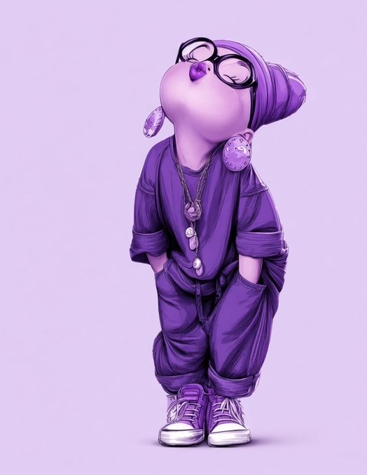 A 3D-rendered purple cartoon character resembling a duck with glasses, large earrings, a chain necklace, baggy clothes, and sneakers, standing against a light purple background.