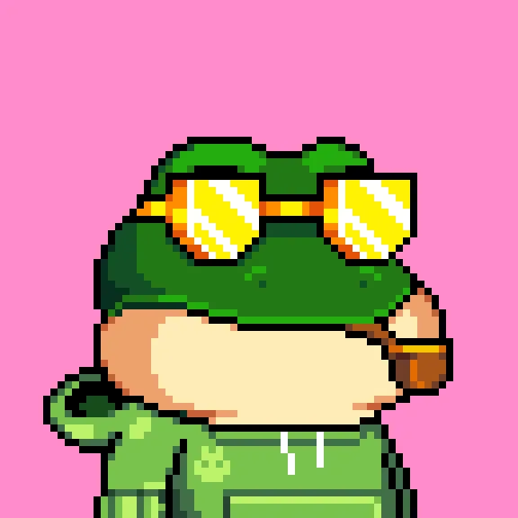 urn of gold coins, wearing a green frog mask and glasses, with a pink background.