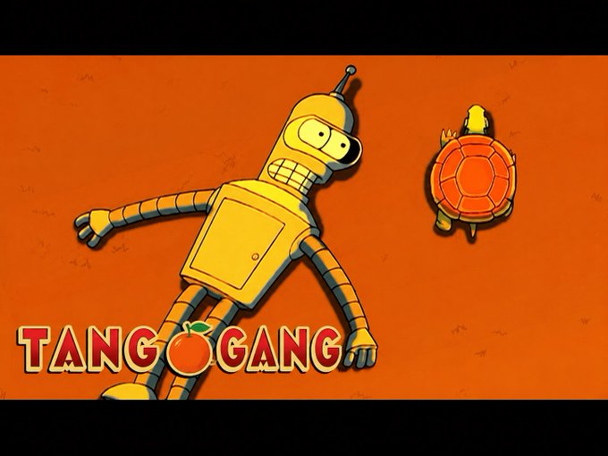 This image shows Bender from Futurama next to a turtle, with the text "TANGO GANG" displayed prominently. The image likely relates to the post by suggesting that "Tango Gang" is a symbol of resilience or perhaps a humorous reference to slow progress, contrasting with the perceived failures and price drops associated with "XCH".