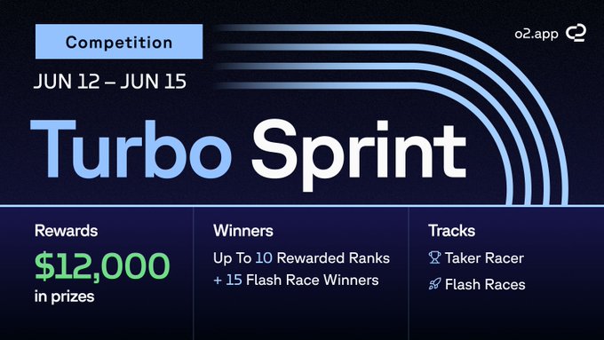In this image, there's a large blue banner that says "Turbo Sprint" written in white letters at the top. Below the banner, there are details about an upcoming competition with prizes worth $12,000 USDC. The text also mentions a flash race and explains how to enter the contest by following the provided link.