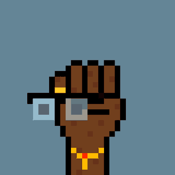 A pixel art illustration of a raised brown fist wearing a white bracelet and a gold ring, set against a blue background.