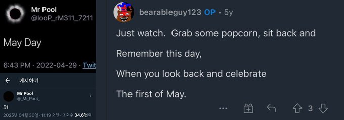 The image shows a tweet from "Mr Pool" (@IooP_rM311_7211) posted on April 29, 2022, at 6:43 PM with the text "May Day," alongside a Reddit comment from user "bearableguy123" (OP) that reads: "Just watch. Grab some popcorn, sit back and Remember this day, When you look back and celebrate The first of May." The post suggests a prophecy or prediction about a bullish run starting in August, with the Reddit comment humorously hinting that viewers should remember May Day as the starting point of the anticipated financial events.