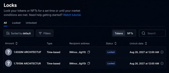 The image shows a token-lock dashboard for ARCHITECTURE, with 1.6332M and 1.7915M ARCHITECT tokens locked as time-based deposits until August 26, 2027. Together, these amounts total over 3.5M locked tokens, matching the accompanying on-chain announcement.
