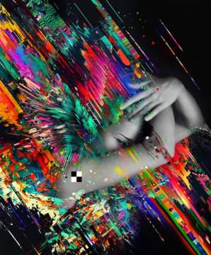 A glitch art-style digital image featuring a grayscale figure overlaid with vibrant, streaking colors of pink, green, blue, and orange against a dark background.