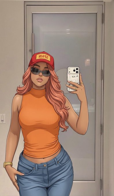 A digital illustration of a stylish woman with long pink hair taking a mirror selfie, wearing an orange tank top, blue jeans, sunglasses, and a red 'SPARK' cap.