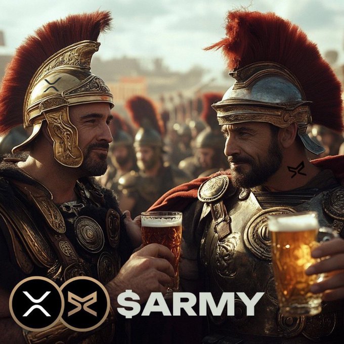 AI-generated artwork of two Roman centurions toasting with beer glasses, with an XRP logo and the text '$ARMY' at the bottom.