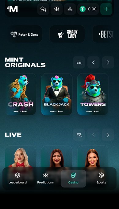 A mobile app screen titled 'MINT ORIGINALS' displays cartoon bear mascots for 'CRASH', 'BLACKJACK', and 'TOWERS', along with a 'LIVE' section featuring women's portraits and a bottom navigation bar.