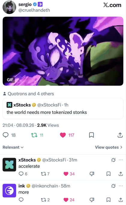 A screenshot of an X.com (Twitter) post by user 'sergio' (@cruelhandeth) showing a purple GIF artwork, with a quoted tweet from xStocks (@xStocksFi) reading 'the world needs more tokenized stonks'.
