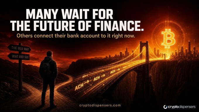 The image features a man standing at the edge of a bridge with a city skyline in the background. The text above him reads "Many wait for the future of finance." Below this, there are two signs that read "The old way" and "What's new". These signs suggest that the man is standing on a street where traditional banking methods have been replaced by newer, digital forms of currency like Bitcoin. This transition has led to the rise of Cryptodists who use ACH transfers as a means to fund their Bitcoin purchases through Crypto Dispensers. The image serves as a visual representation of this shift in financial practices and the increasing popularity of Bitcoin among users.