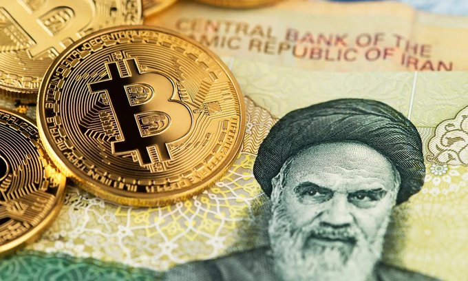 A pile of gold Bitcoin coins rests atop an Iranian banknote featuring Ayatollah Khomeini and the text "Central Bank of the Islamic Republic of Iran," visually illustrating the post's claim about Iran's extremely low Bitcoin mining costs and massive profit margins.