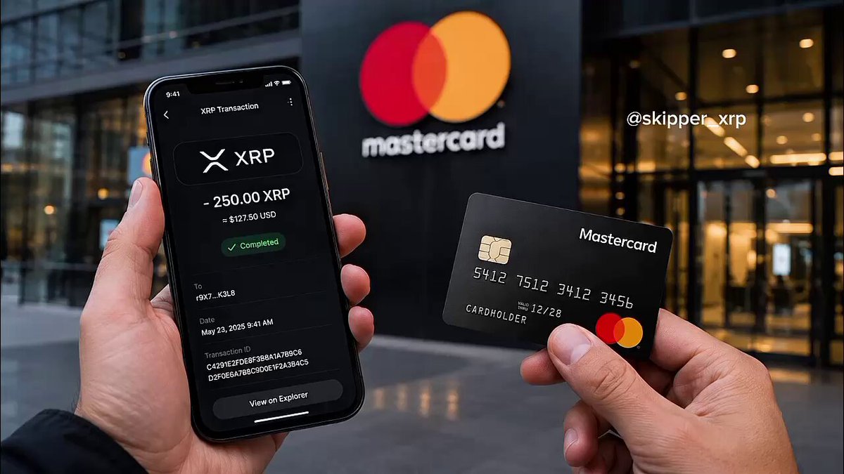 The image shows a person holding two cards - one Mastercard credit card and another Mastercard mobile payment app. The person is using their phone to make a payment through the app, while simultaneously showing the credit card in their hand. The text on the image reads "MASSIVE: Mastercard's new AI payment network is here — with #XRPL and $RLUSD enabling fast, programmable settlements, Ripple continues expanding into the future of digital payments." This suggests that the person is using a combination of traditional and modern methods to make their payment.