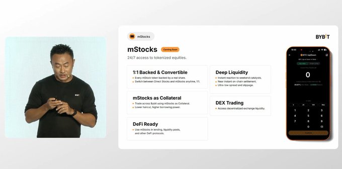 A promotional graphic for the "mStocks" trading app displays its features like "1:1 Backed & Convertible" and "Deep Liquidity," alongside a man looking at his phone and a mockup of the app's interface.