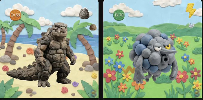 Two clay creatures shown side by side: a rocky Godzilla-like monster labeled 'IV 59' on a beach, and a gray blob-like creature labeled 'IV 70' in a flower field.