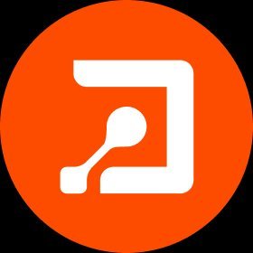 An orange circular logo featuring a stylized white 'D' with a network node design inside it on a black background.