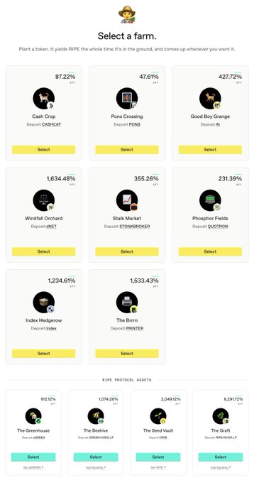 A selection interface for RIPE farming "farms," displaying eight deposit options—including Cash Crop (CASHCAT) at 87.22% APY, Good Boy Grange (AI) at 427.72% APY, and Windfall Orchard ($MET) at 1,634.48% APY—with the Brrrm (PRINTER) offering the highest yield at 1,533.43% APY, aligning with the post's excitement about strong APYs for $RIPE farming.