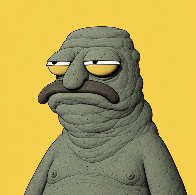 A 3D-rendered, weary-looking character with a slumped, wrinkled body, drooping half-closed eyes, and a thick downturned mustache stands against a yellow background, embodying the deadpan expression of someone who has just bombed a joke attempt. The character's exhausted, unamused appearance perfectly captures the relatable feeling of falling flat when trying to be funny, as described in the caption.