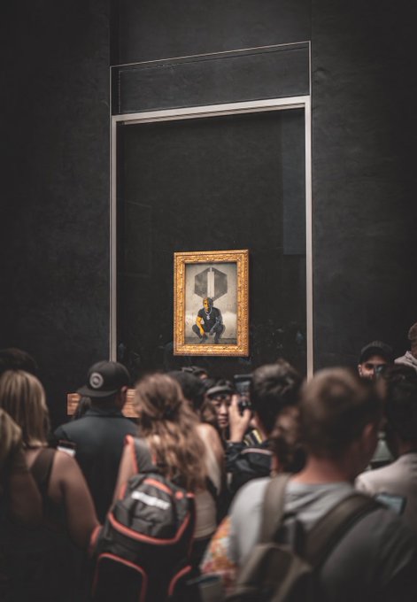 A crowd gathers in a darkened gallery to view a gilded portrait displayed in a glass case, many holding up phones to capture the artwork. The ornate gold frame around the formal portrait visually echoes the ticker $CRUS, drawing a parallel between the reverence for the depicted artwork and the anticipation surrounding the cryptocurrency.