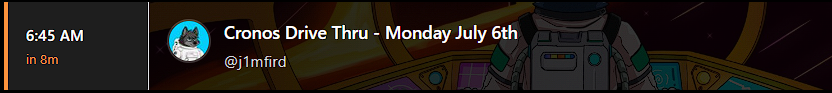 A stream countdown overlay showing '6:45 AM in 8m' with the title 'Cronos Drive Thru - Monday July 6th' by @j1mfird, featuring an anthropomorphic husky avatar and an astronaut-style character.